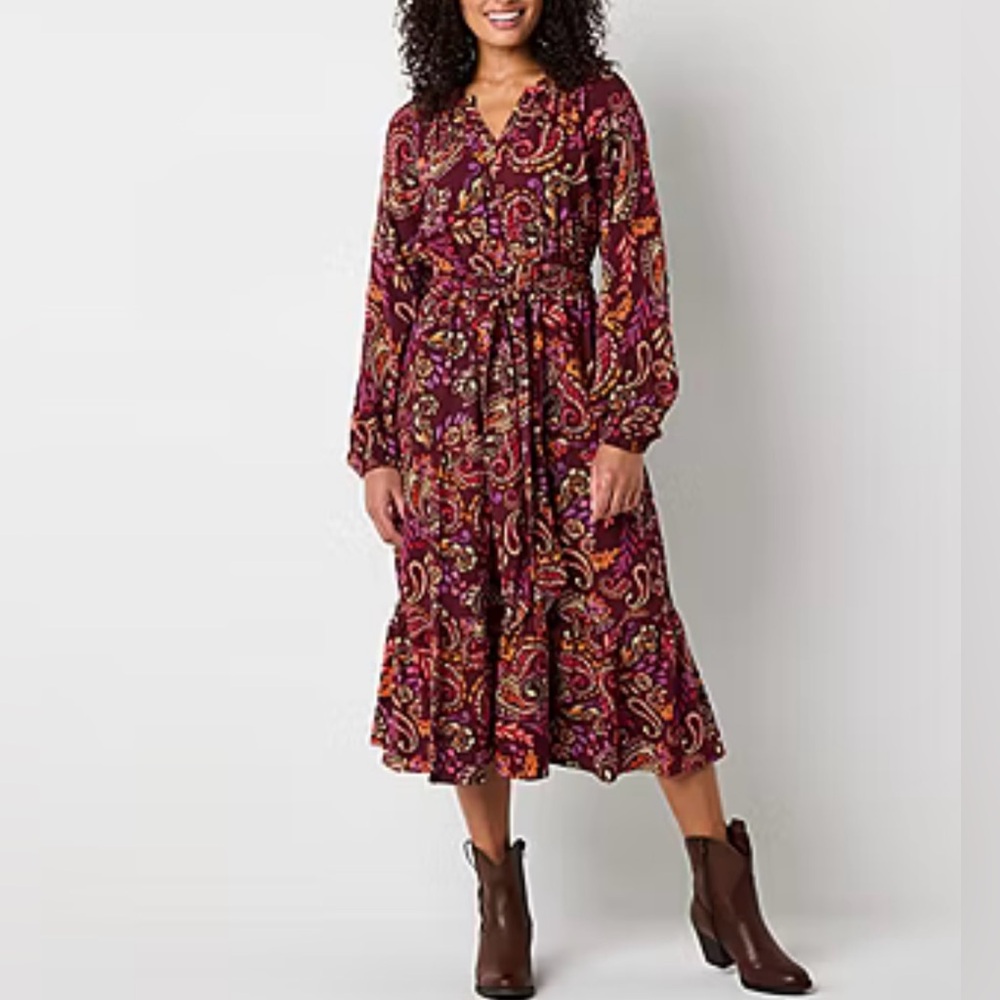 St. John's Bay Long Sleeve Ruby Paisley A-Line Dress NWT 3X